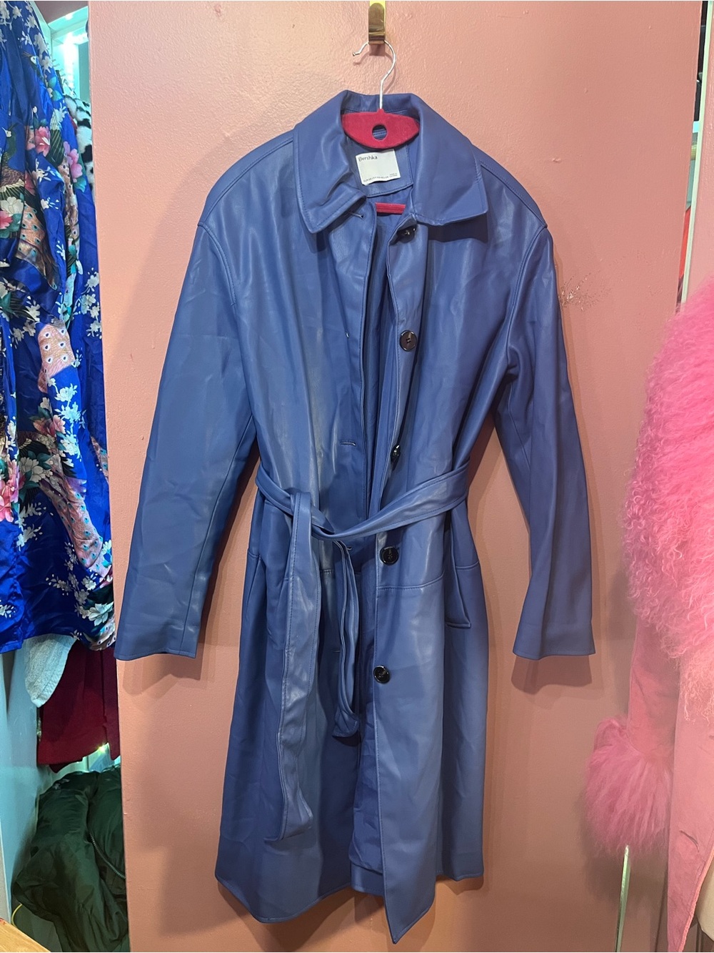 Bershka Electric Blue Faux Leather Trench Coat with Belt - Picture 4 of 6
